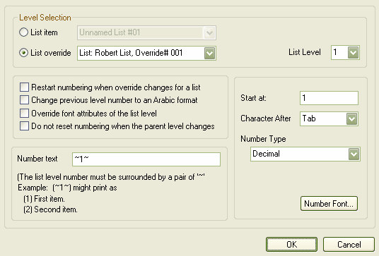 list level properties dialog